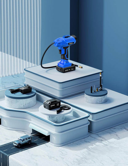 Blue cordless tire inflator air compressor with rechargeable battery and digital pressure gauge on a modern blue display stand
