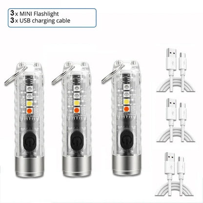 Set of three compact Magnet Multifunction Warning camping flashlights with USB charging cables and key rings
