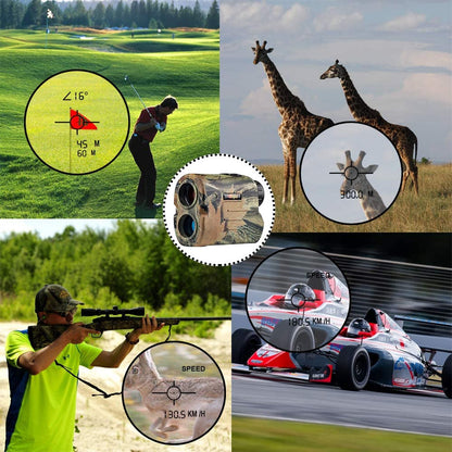 Hunting rangefinder multifunction laser device with slope correction, flag-locking, speed and angle measurement for hunting, shooting, golf, and camping.