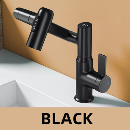 Black digital display LED basin faucet with 360-degree rotation and temperature control for bathroom sink