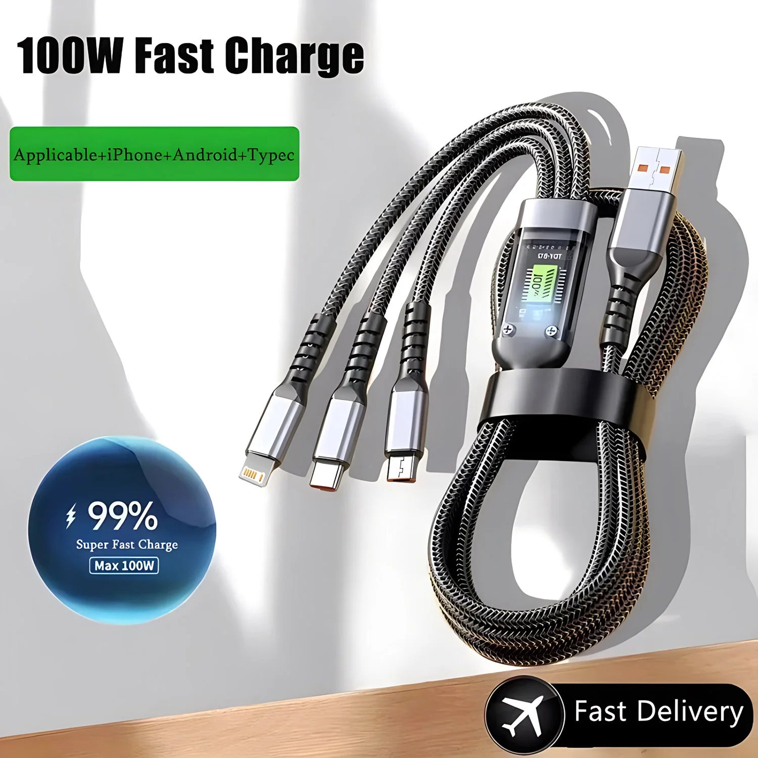 3 in 1 Charging Cable with 100W fast charge, compatible with iPhone, Android, and Type-C devices, durable nylon braided design