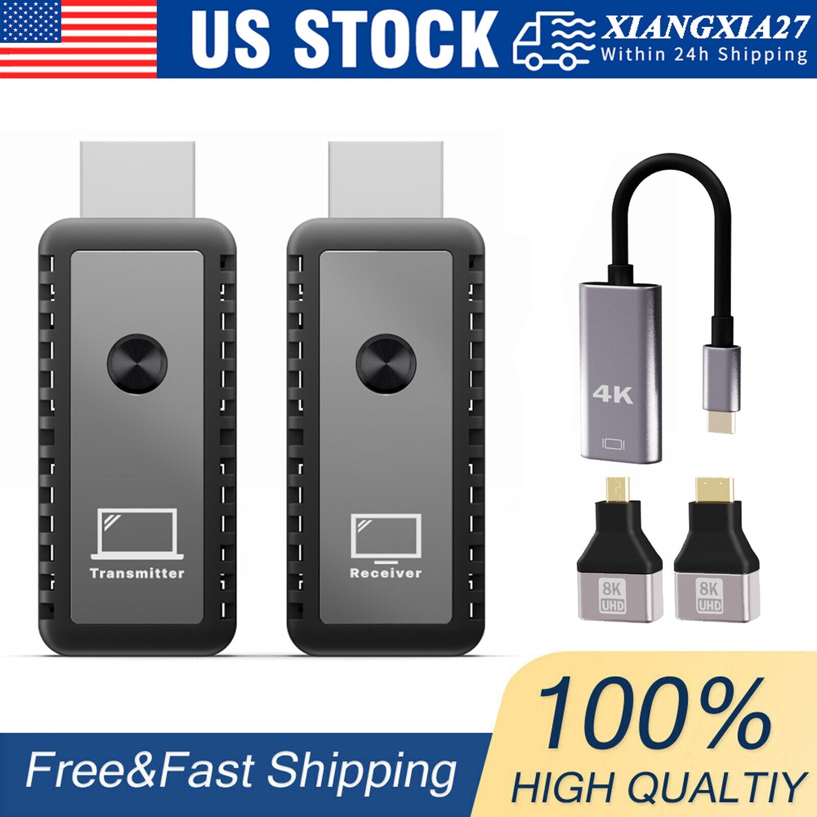 Wireless HDMI Video transmitter and receiver set with adapters for Type-C, micro HDMI, mini HDMI, supporting 1080p wireless screen sharing up to 30 meters.
