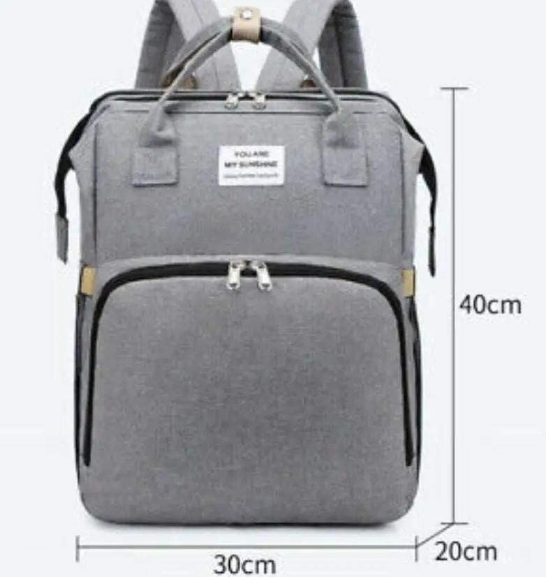 Gray stroller diaper bag with baby bed mat and stroller hooks, nylon material, spacious travel diaper bag for baby essentials