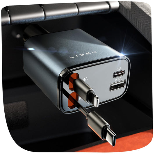 Compact Retractable Car Charger with 69W USB-C and USB-A ports for fast multi-device charging in vehicles