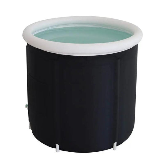 Black folding bath bucket inflatable adult thickened large capacity bath tub with white rim filled with water