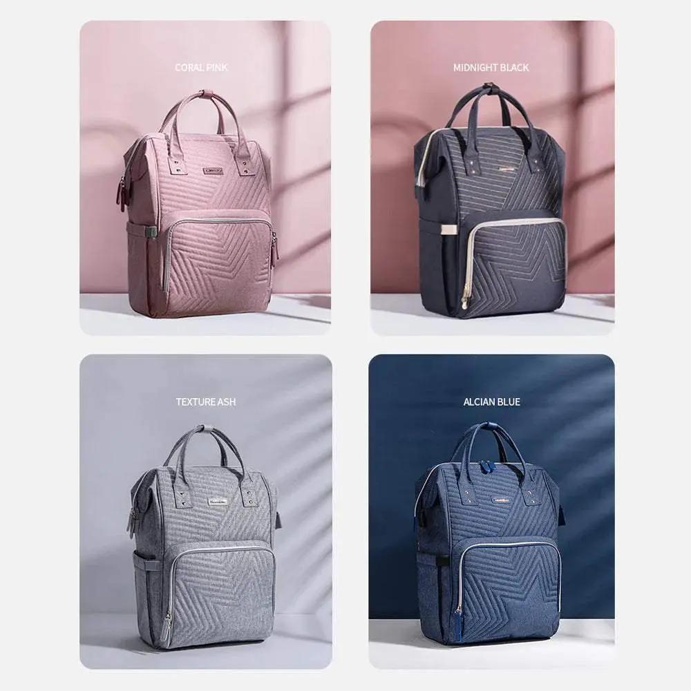Quilted diaper bag backpack in coral pink, midnight black, texture ash, and alcian blue, made of durable, waterproof Oxford fabric with multiple storage pockets and padded straps.