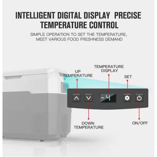 Portable car fridge with intelligent digital display and precise temperature control for travel and camping.