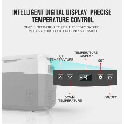 Portable car fridge with intelligent digital display and precise temperature control for travel and camping.