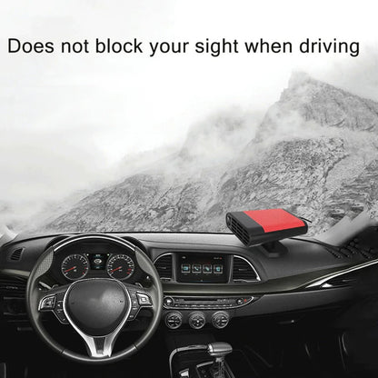 Powerful car heater and fan defroster 500W on car dashboard with clear windshield view