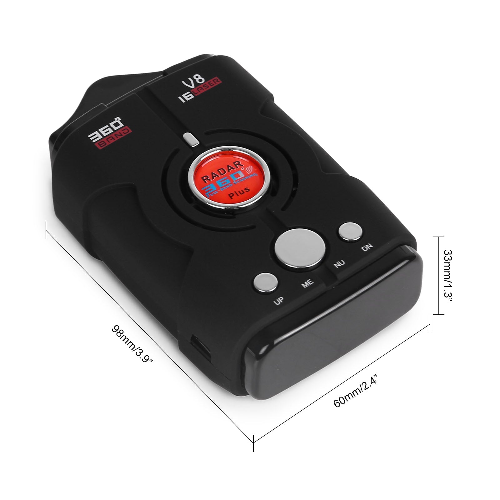 V8 Car Radar Detector black device with 360-degree detection and buttons for control