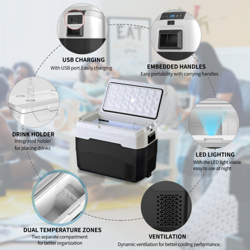 Portable car fridge with digital controls, dual temperature zones, USB charging, drink holder, LED lighting, and ventilation for travel and camping use.