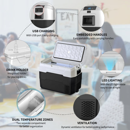 Portable car fridge with digital controls, dual temperature zones, USB charging, drink holder, LED lighting, and ventilation for travel and camping use.
