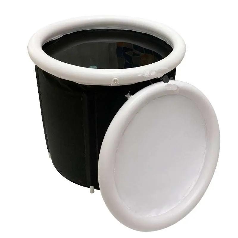 Black folding bath bucket with white rim and removable lid, thickened adult bath tub design
