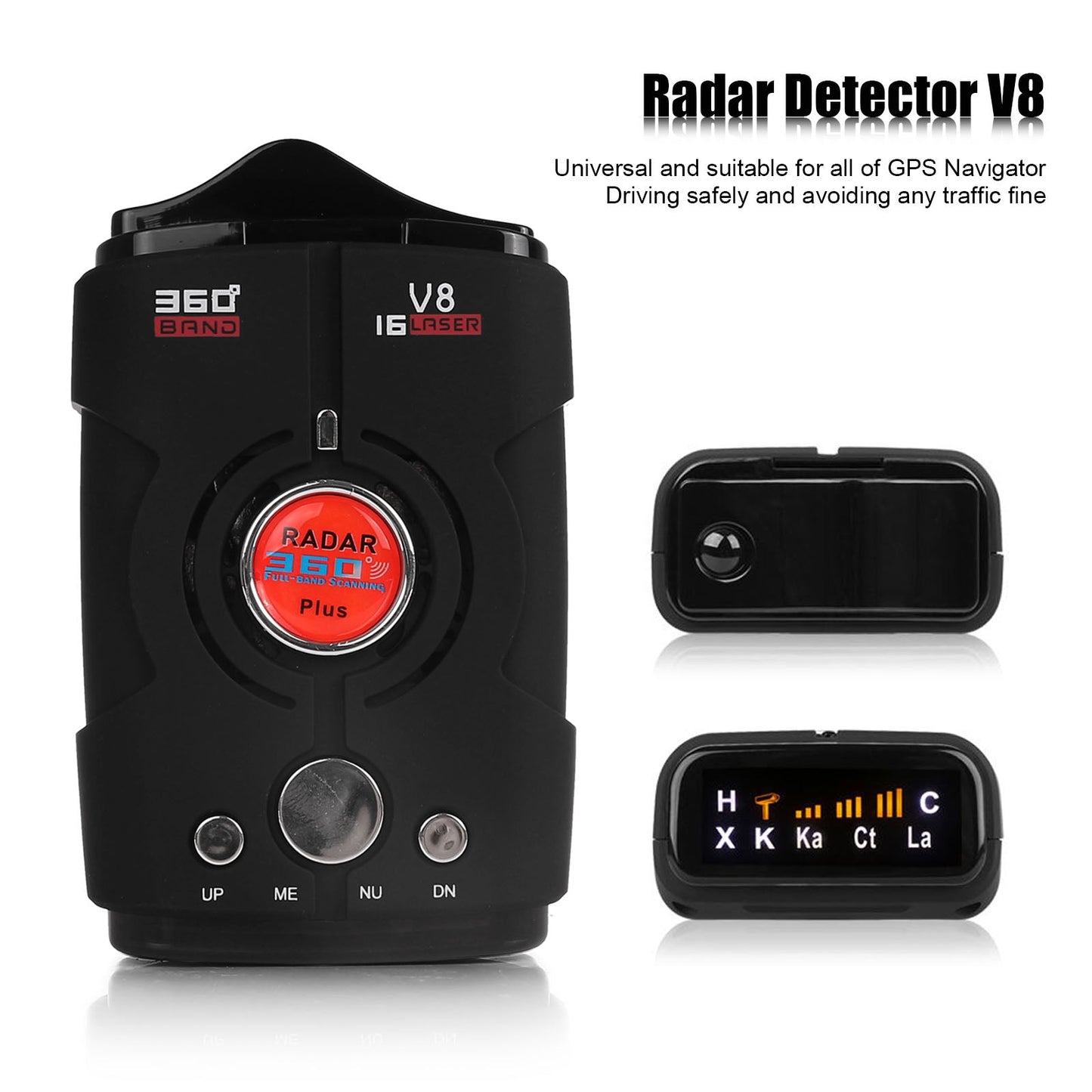 V8 Car Radar Detector black with 360-degree nine-band detection and GPS compatibility