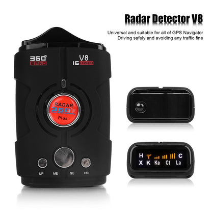 V8 Car Radar Detector black with 360-degree nine-band detection and GPS compatibility