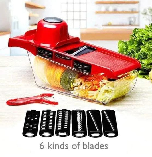Red stainless steel 6 blades vegetable slicer with plastic container and six interchangeable blades for versatile cutting