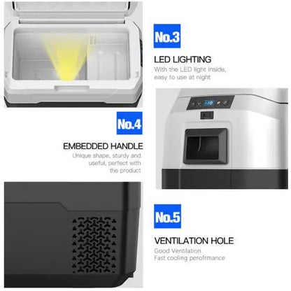 Portable car fridge cooler with LED lighting, digital control, embedded handle, and ventilation hole for travel and vehicle use