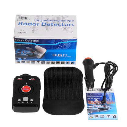 V8 Car Radar Detector with 360-degree detection, car charger, non-slip mat, and user manual in black compact design
