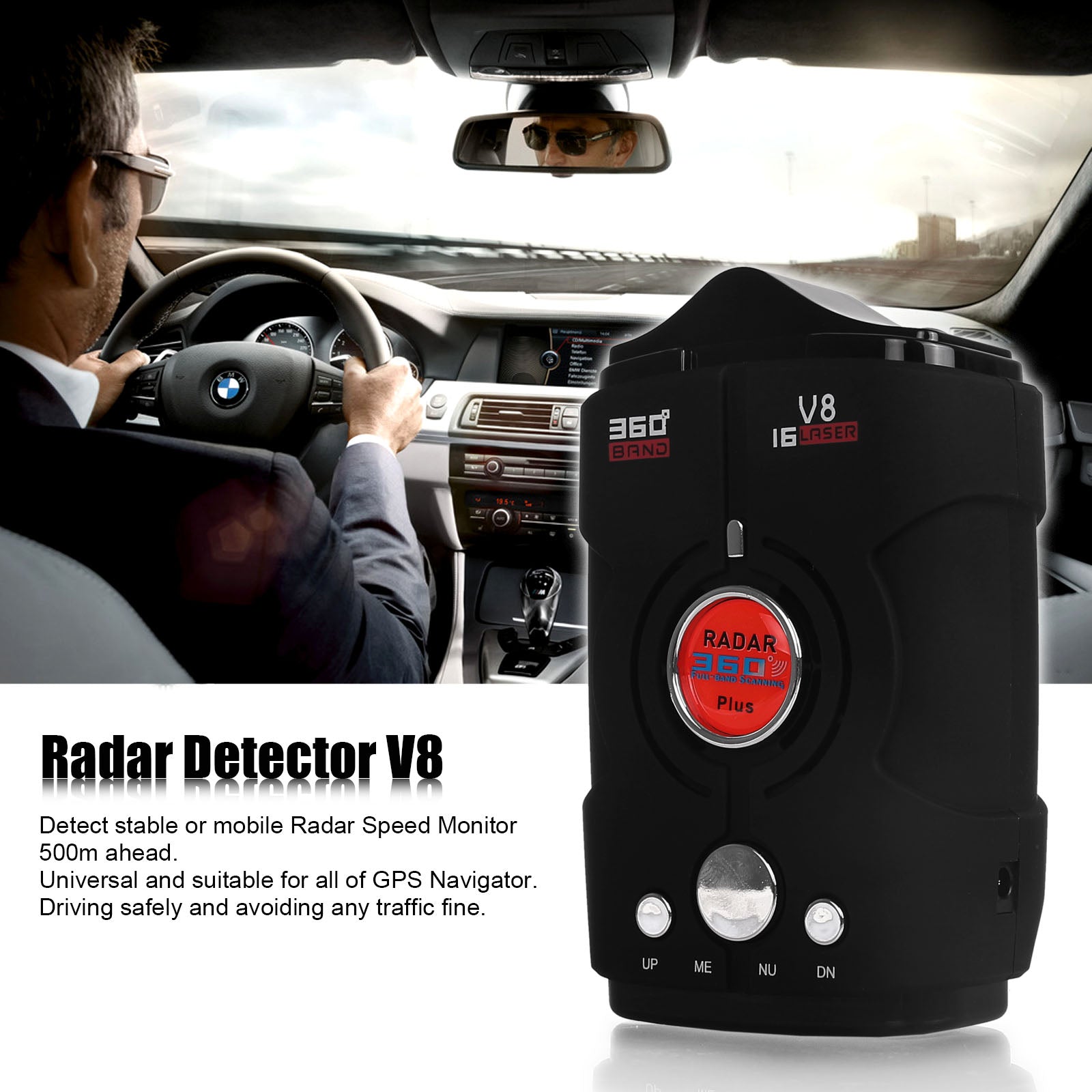 V8 Car Radar Detector black device with 360-degree detection for radar and speed cameras in a car interior setting