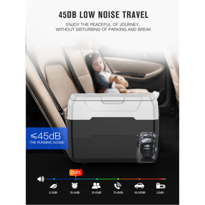 Portable car fridge freezer cooler with low noise operation under 45dB for travel and camping.