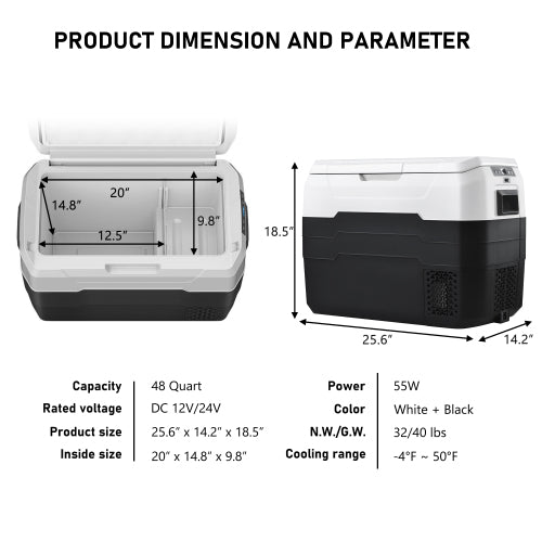 Portable car fridge freezer cooler in black and white, 48-quart capacity, digital controls, 12/24V DC power, compact size 25.6"x14.2"x18.5", cooling range -4°F to 50°F.
