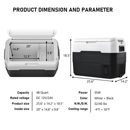 Portable car fridge freezer cooler in black and white, 48-quart capacity, digital controls, 12/24V DC power, compact size 25.6"x14.2"x18.5", cooling range -4°F to 50°F.