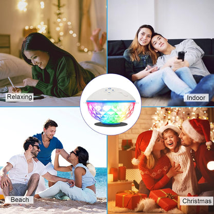 Pool Bluetooth speaker with LED lights for indoor, beach, relaxing, and Christmas use, waterproof and floating design with stereo sound and built-in mic.
