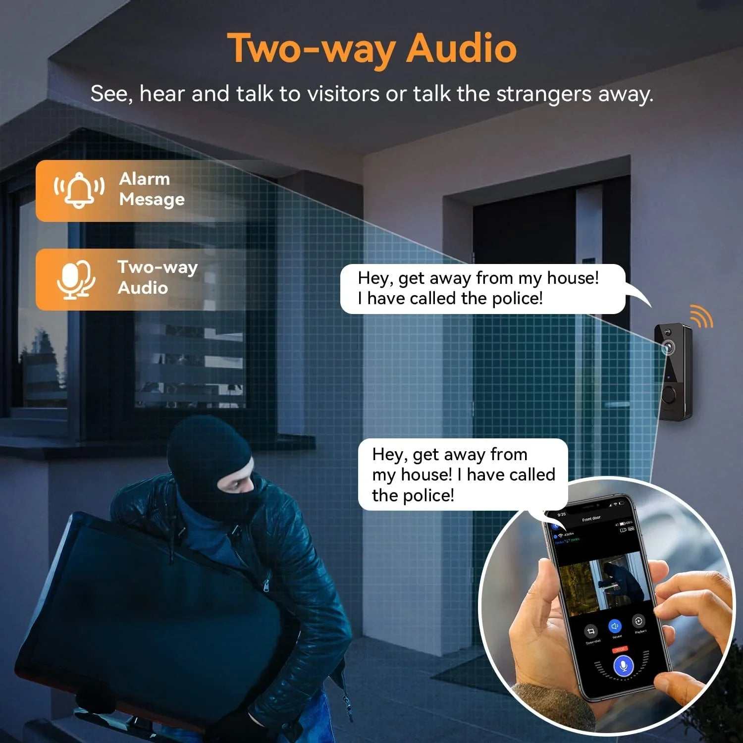 Wireless doorbell camera with two-way audio warning a intruder via smartphone app