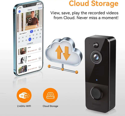 Black wireless doorbell camera with chime, 1080P HD video, 2.4GHz WiFi, cloud storage, and two-way audio.