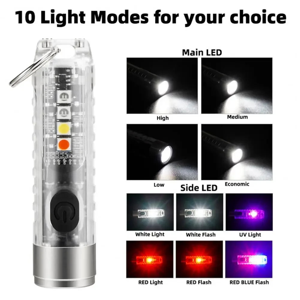 Compact magnet multifunction warning camping flashlight with 10 light modes including white, UV, red, and blue flashes.