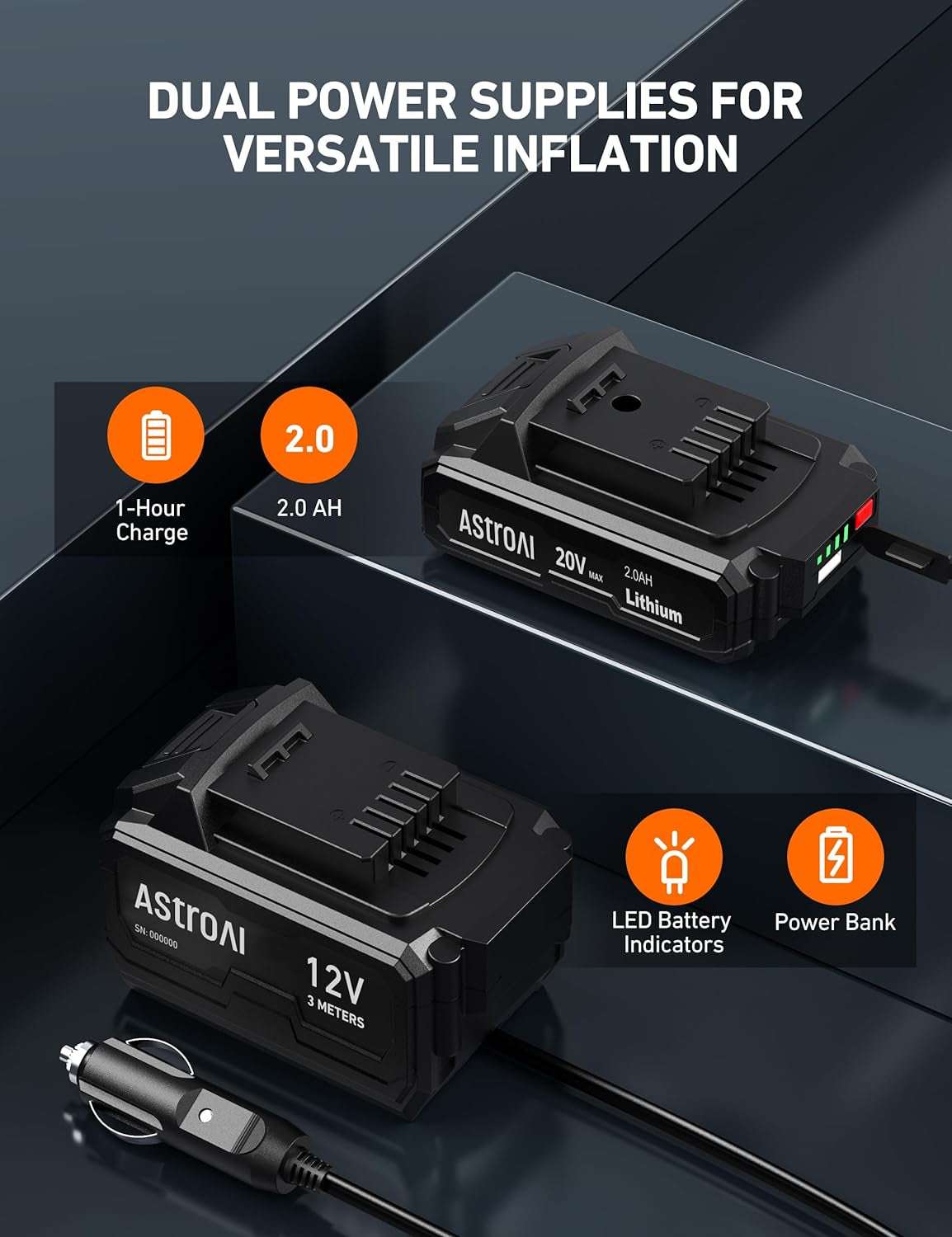 Cordless tire inflator dual power supply with 20V battery and 12V car adapter, LED indicators, and 1-hour fast charge capability.