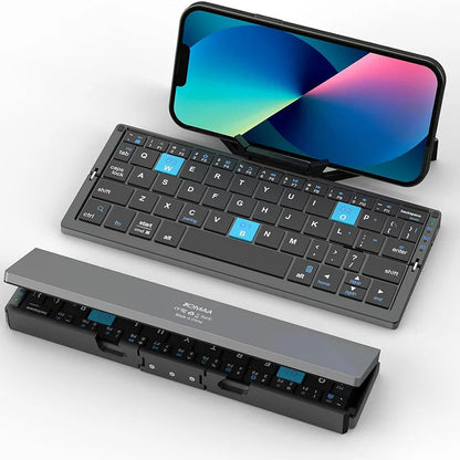 Black pocket foldable Bluetooth keyboard with stand holder for mobile phones and tablets