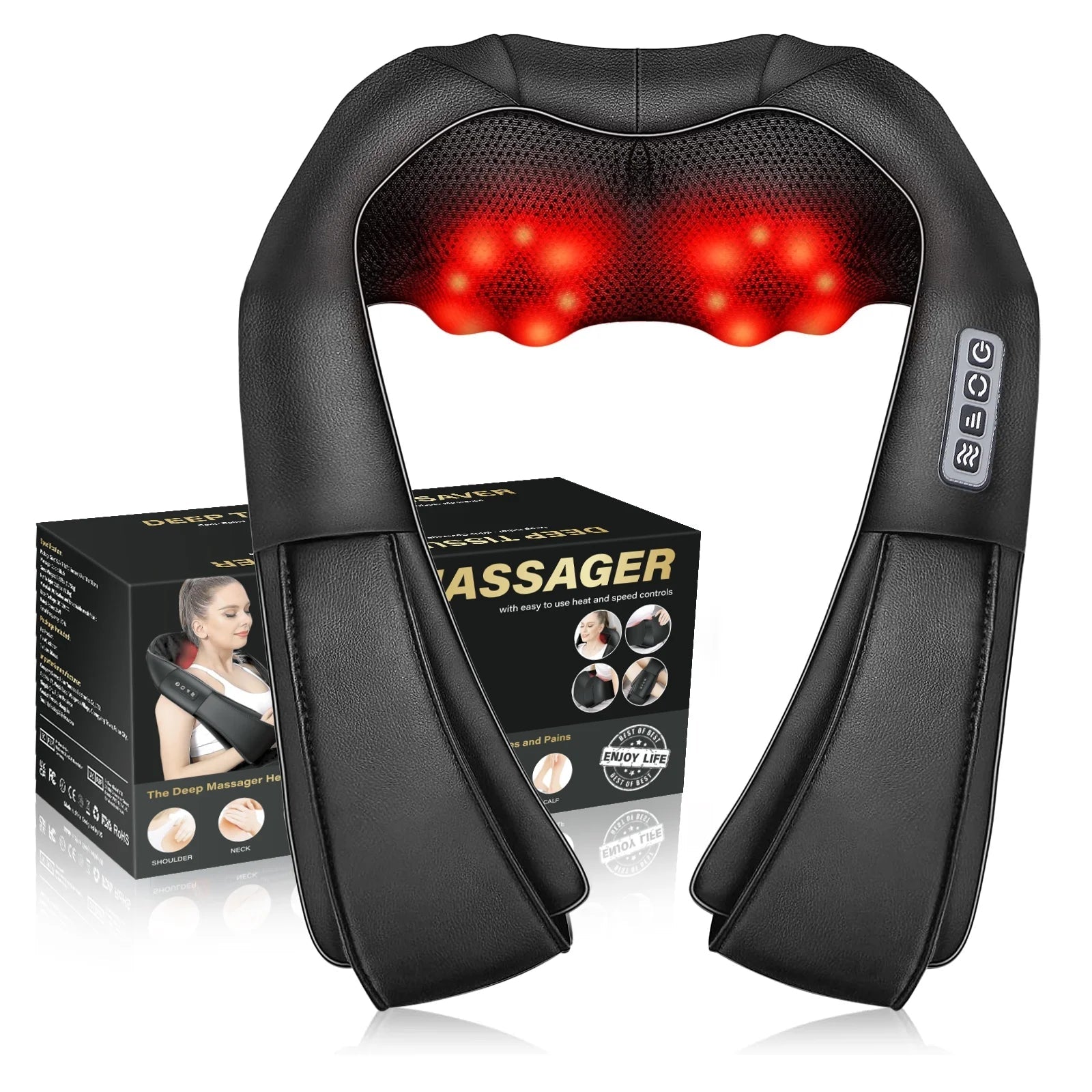 Shiatsu deep tissue neck and shoulder massager with heat and 4D kneading massage heads in black ergonomic design