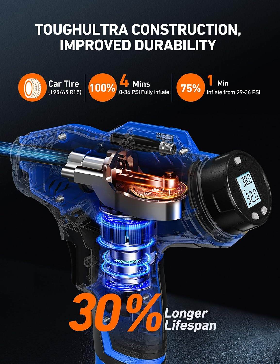 Cordless tire inflator air compressor with metal construction, 160PSI, digital gauge, and 30% longer lifespan for cars and motorcycles