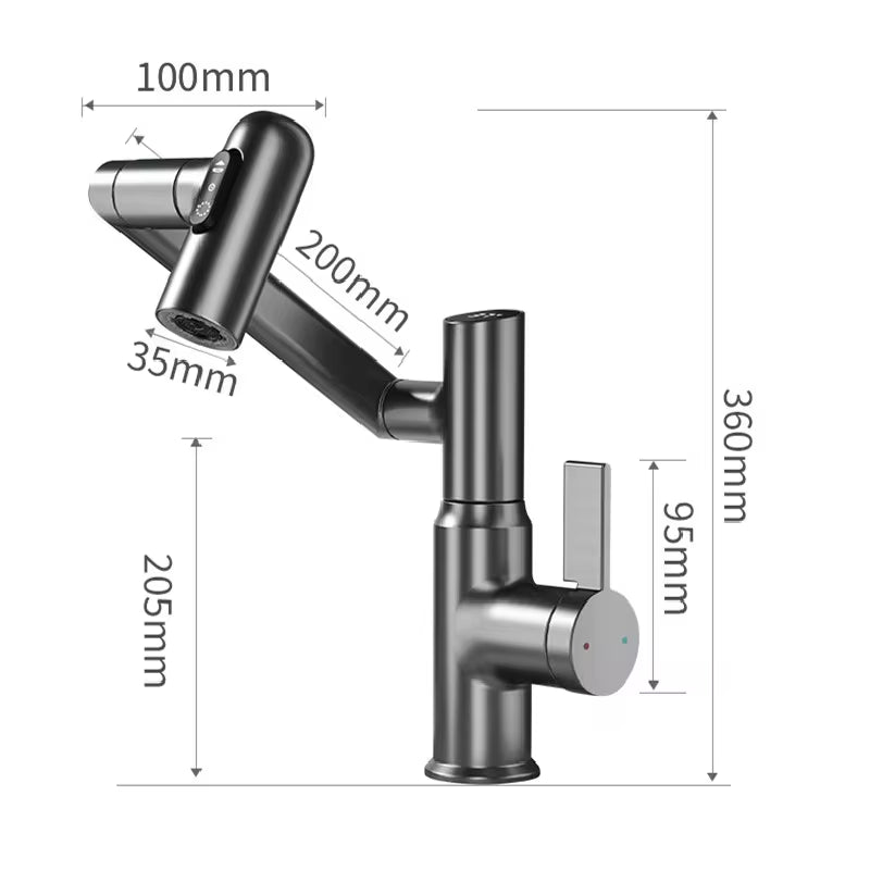 Digital Display LED Basin Faucet with 360-degree rotation, multi-function sprayer, and temperature control in sleek stainless steel design