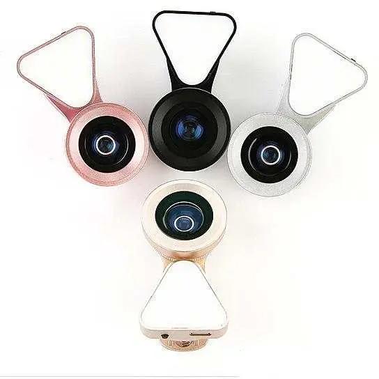 Glow Face 3-in-1 photo lens and LED fill light clip in pink, black, silver, and white colors for enhanced selfies and detailed shots