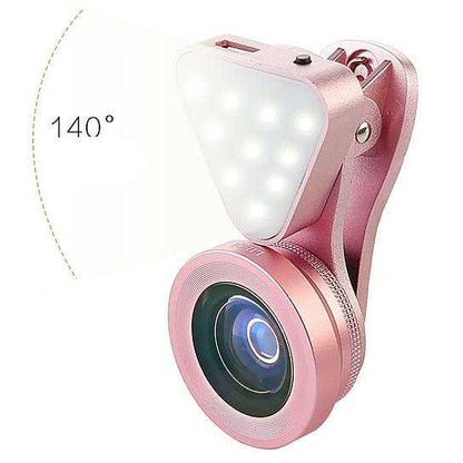 Glow Face 3-in-1 photo lens and fill light clip in glowing pink with 140-degree wide-angle lens and LED fill light