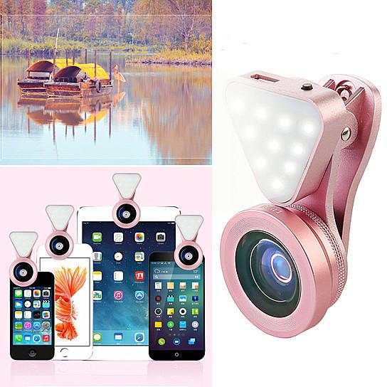 Glow Face 3-in-1 photo lens and LED fill light clip in glowing pink for enhanced selfies and wide-angle shots