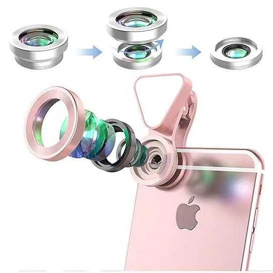 Glow Face 3-in-1 photo lens and fill lighting clip in glowing pink with wide-angle and macro lenses for enhanced mobile photography