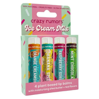 Ice Cream Mix 4 pack lip balm set with orange creamsicle, banana split, raspberry sorbet, and mint chocolate flavors in recyclable packaging