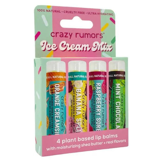 Ice Cream Mix 4 pack lip balm set with orange creamsicle, banana split, raspberry sorbet, and mint chocolate flavors in recyclable packaging