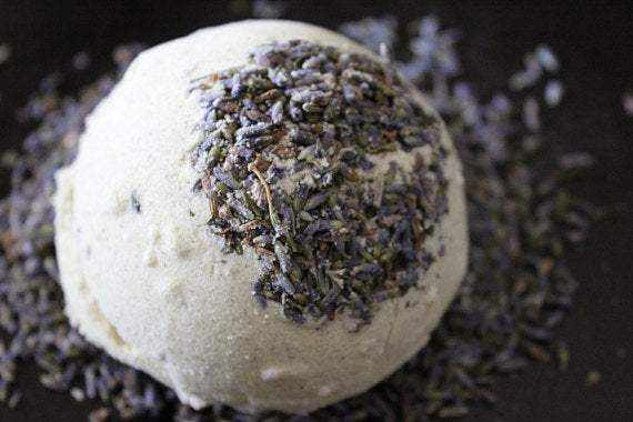 Organic Bath Bomb Calm Bomb with lavender flowers for soothing bath experience