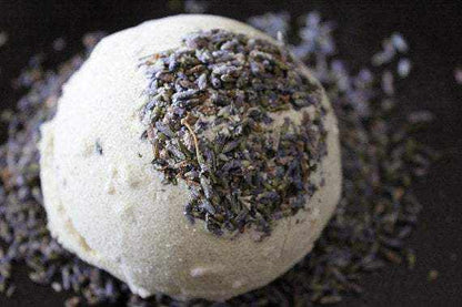 Organic Bath Bomb Calm Bomb with lavender flowers for soothing bath experience