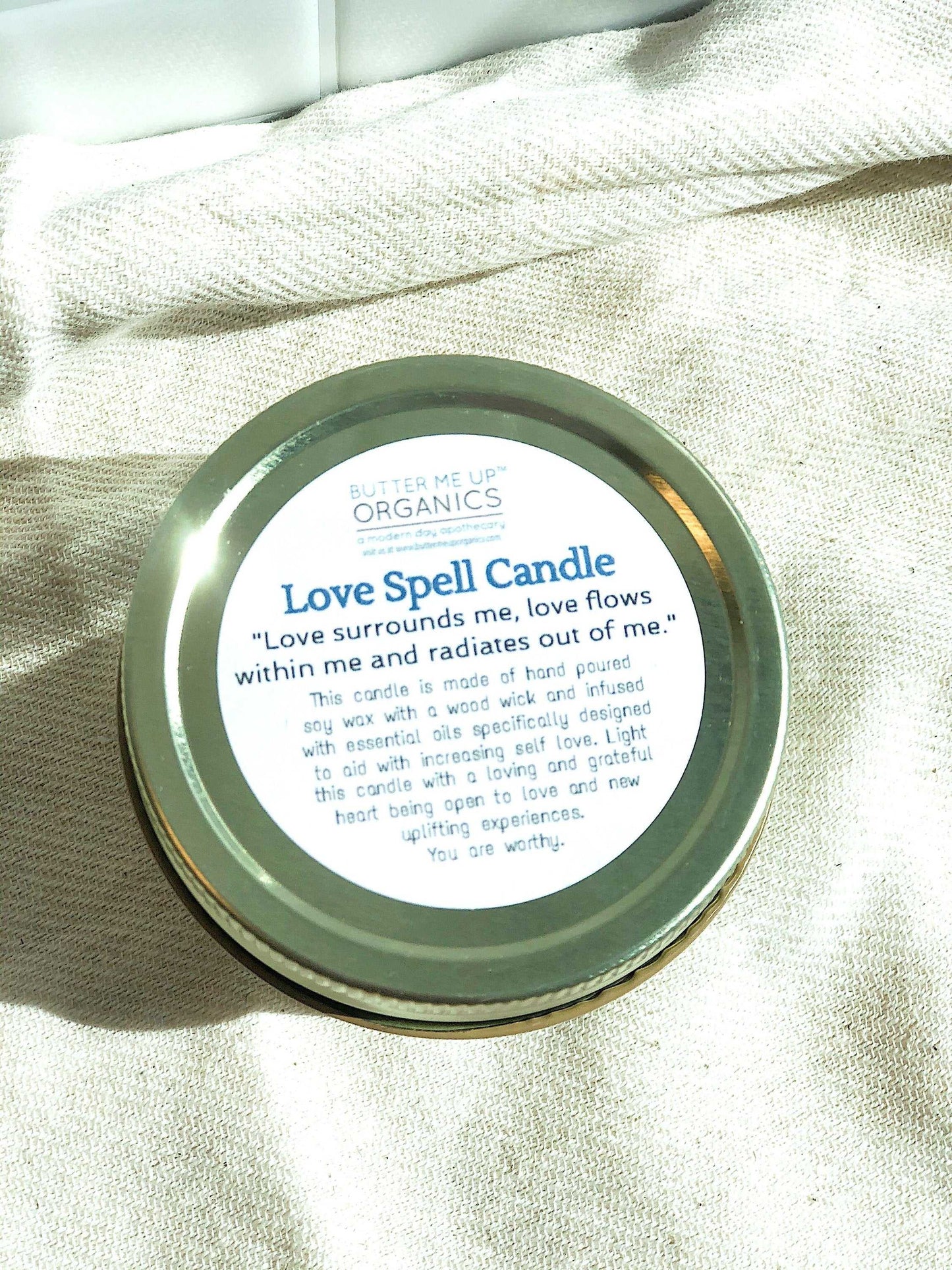 Love Spell candle by Butter Me Up Organics, hand-poured soy wax with wood wick and essential oils for love and healing rituals