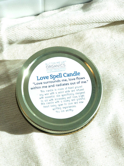 Love Spell candle by Butter Me Up Organics, hand-poured soy wax with wood wick and essential oils for love and healing rituals