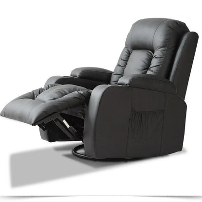 Black electric massage chair recliner with adjustable footrest and padded armrests in premium PU leather