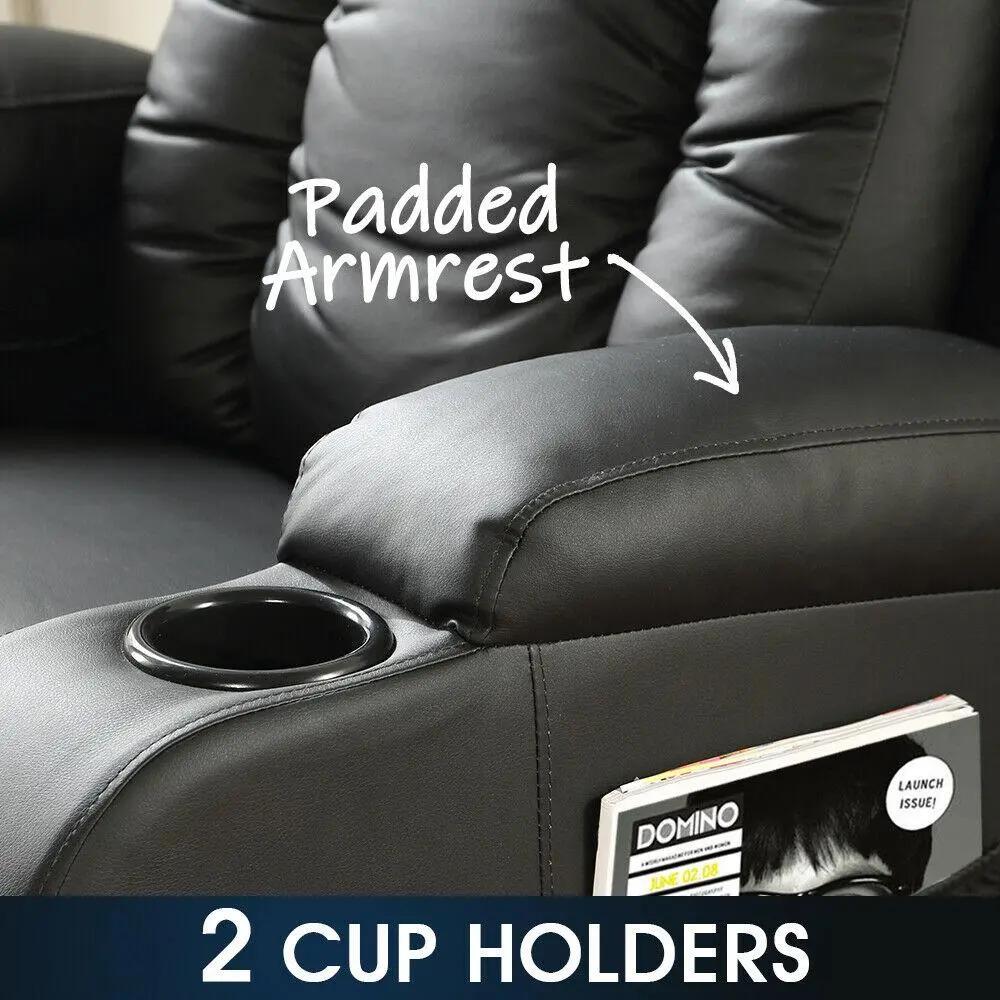 Black electric massage chair with padded armrest and two cup holders in premium PU leather recliner