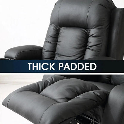 Black electric massage chair with thick padded cushion and armrest in reclined position