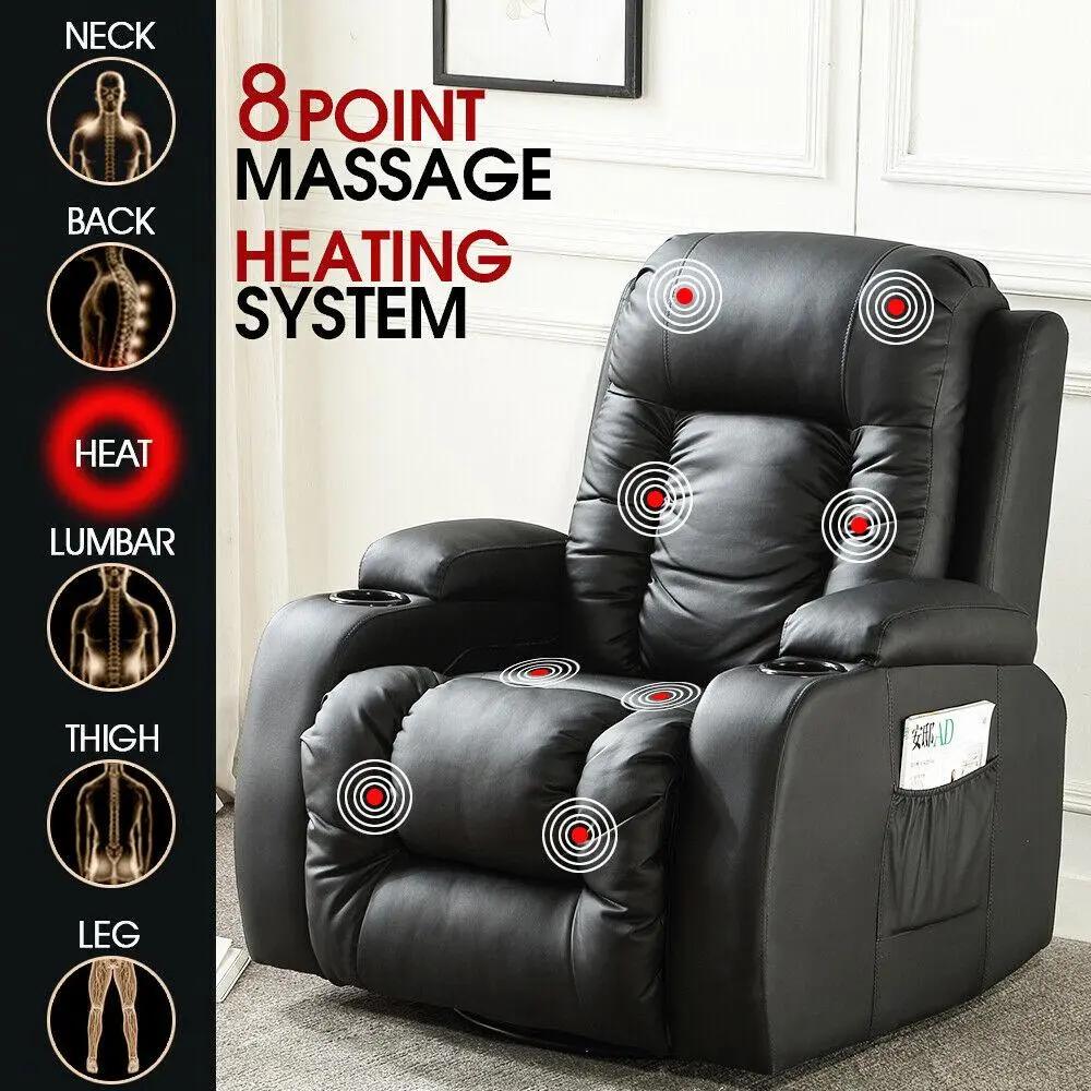 Black electric massage chair with 8-point heating system targeting neck, back, lumbar, thigh, and leg areas