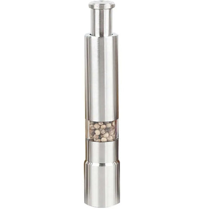 Premium stainless steel salt and pepper grinder with push-button pepper mill and clear spice chamber